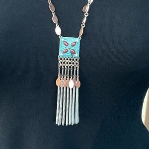 Pained enameled metal necklace with fringe dangle, 17”-20”